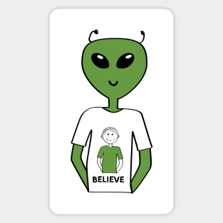 "Believe" T-shirt with Alien Wearing a T-shirt with a Human (Guy) Sticker